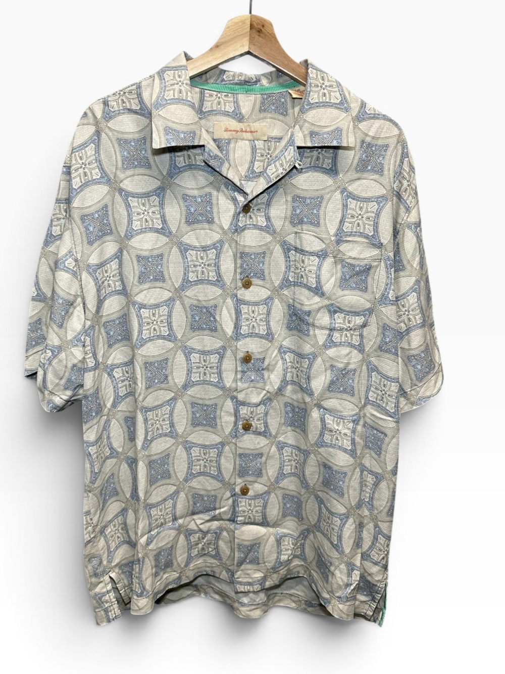 Tommy Bahama Shirt Mens Large Gray Blue Silk Geometric Tropical 100% silk
